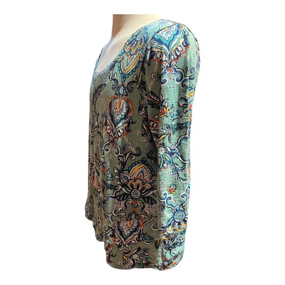 Chico’s Size 3 Green Floral Print Tunic Top Size 3 Loose Fit Stretch Blouse - Picture 2 of 7